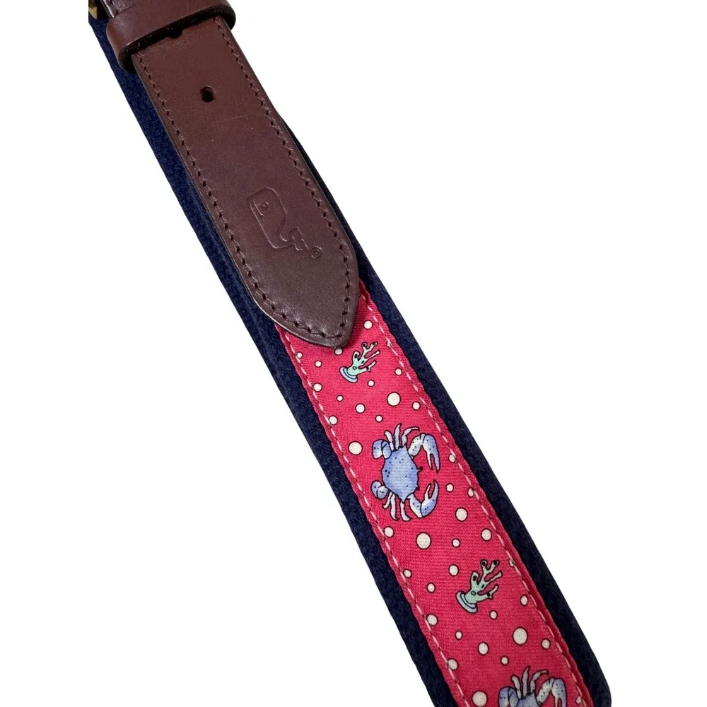 Vineyard Vines Mens 38 Crab Coral Silk Canvas Club Belt Navy Pink Made in USA